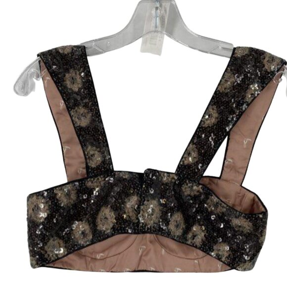 Juan De Dios Black Beige Delirio Floral Sequin Cropped Womens Blouse Top Size 6 - Picture 2 of 4